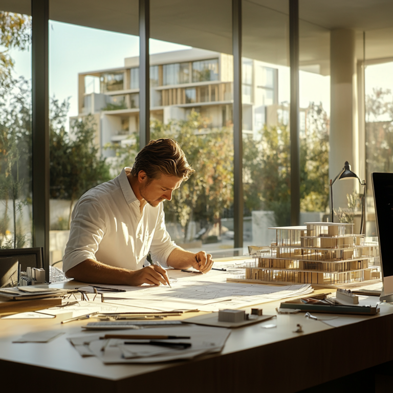 Arquitecto trabajando, imagen para contenido audiovisual generada con IA por Facticia Studio